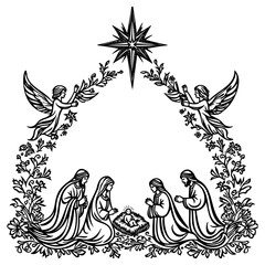 Fototapeta premium Nativity Scene with Angels and Star (Line Art)