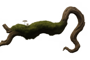 Twisted mossy tree branch with small mushrooms creating a fantasy or natural setting on transparent background