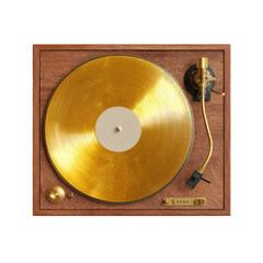 Golden record on wood turntable, aerial view