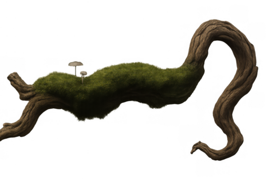 Twisted mossy tree branch with small mushrooms creating a fantasy or natural setting on transparent background