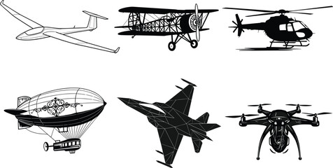 Aviation and aircraft vector illustration set, airplane, helicopter, jet fighter, biplane, zeppelin, drone, glider, flying vehicles, air transport, flight technology design © Samol