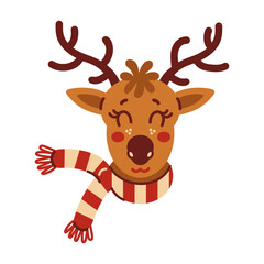 Cute reindeer vector illustration. A funny smiling Christmas deer with antlers, a large nose, a pink cheeks, wearing a striped scarf. Hand drawn animal portrait. Festive clip art for New Years decor