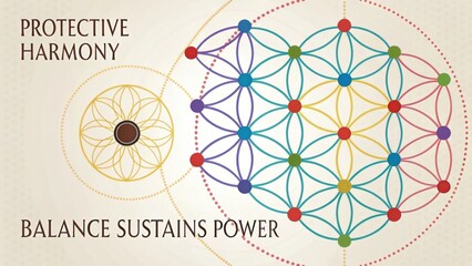 Abstract geometric design symbolizing protective harmony and balance in vibrant colors, conveying energy and empowerment