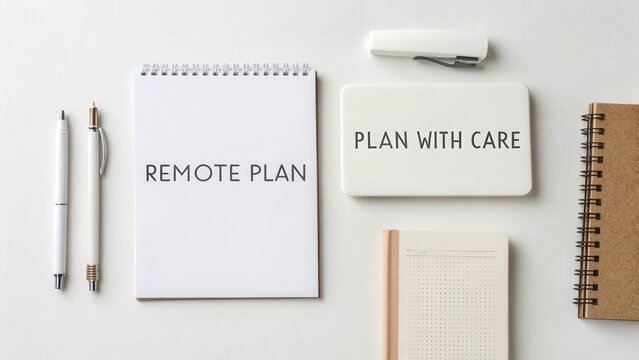 A flat lay of planning tools and notepad featuring the phrase "Remote Plan" for organization and productivity - Powered by Adobe