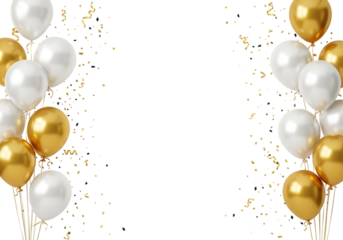 Celebration background with gold and white balloons and confetti
