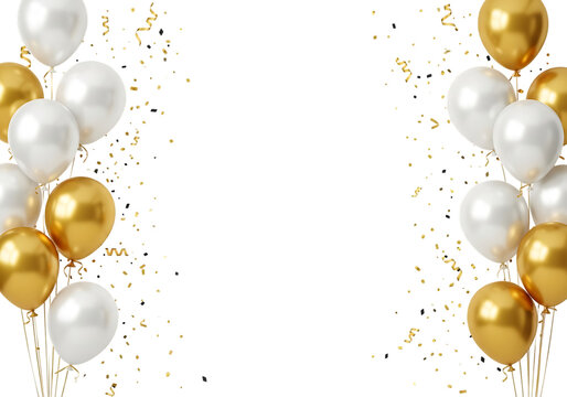 Celebration background with gold and white balloons and confetti