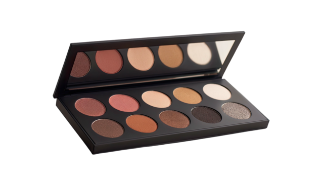 Open makeup palette; earthy tones, mirror, black case - Powered by Adobe