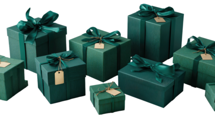 Green gifts with satin bows & tags on black