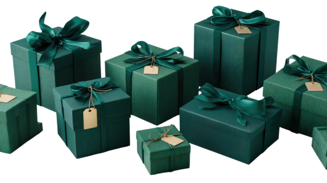 Green gifts with satin bows & tags on black
