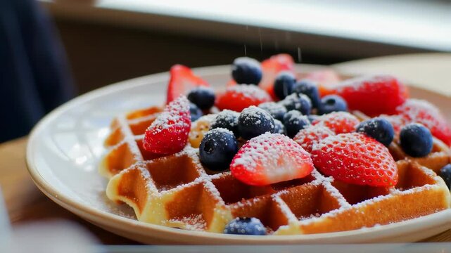 pouring icing sugar into waffle with berries