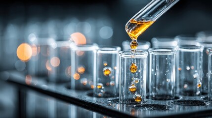 Precision dropper slowly dispenses amber fluid into a laboratory test tube held in a rack