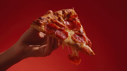 Person holding a delicious slice of savory pepperoni pizza with stretching cheese against a solid red background
