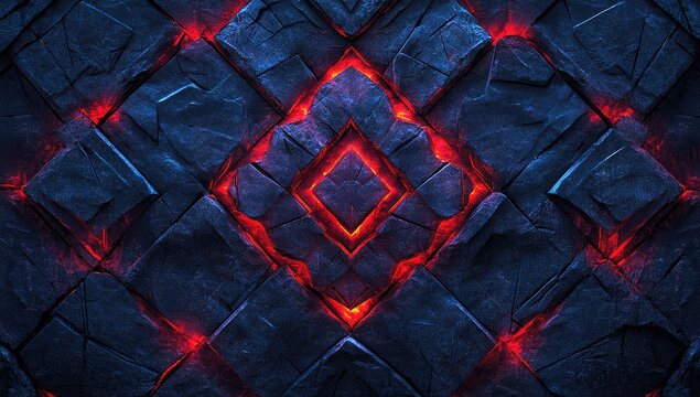 A dark blue and red stone wall background with symmetrical geometric patterns, featuring the symbol of the Horde from World of Warcraft. The design includes glowing effects