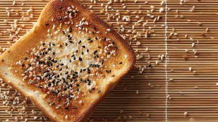 A slice of toast with sesame seeds on a bamboo mat creating a simple yet appetizing breakfast scene