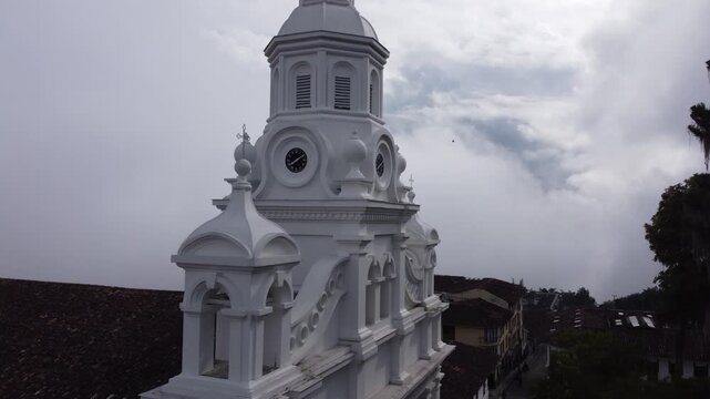 Salamina, Caldas - Colombia. October 6, 2025. Panoramic drone view of the town's main church.
