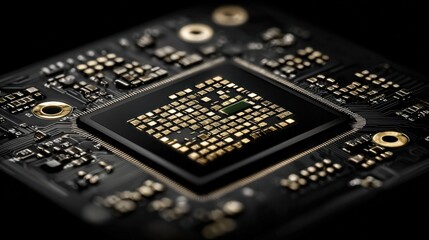 Macro photograph captures intricate details of an electronic integrated circuit processor.