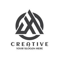 Creative CH triangle logotype in circle shape design template. Letter C H triangle rounded logo design vector