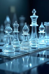 AI Generative. Strategic Mastery: Crystal Chess Pieces on a Dark Battlefield - King and Queen Focus. 2
