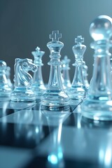 AI Generative. Strategic Mastery: Crystal Chess Pieces on a Dark Battlefield - King and Queen Focus. 3
