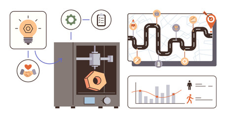 3D printer creating object, lightbulb representing ideas, roadmap with milestones, and graphs showing analytics. Ideal for innovation, prototyping, strategy, automation, progress tracking data