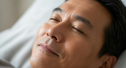 A calm and contented mature Asian man getting a good night's rest, smiling softly in his sleep while lying comfortably on a soft white pillow
