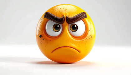 A detailed 3D illustration of a round yellow emoji character showing intense anger and frustration on a white background.