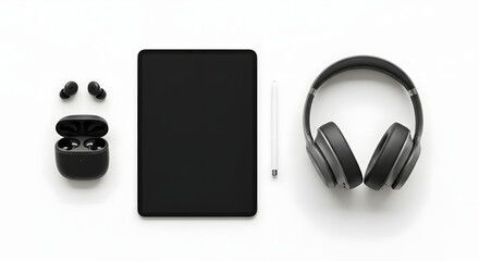 A sleek flat lay of modern personal electronic devices including a digital tablet, stylus, wireless earbuds, and headphones on a clean white background