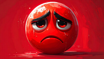 A glossy 3D red ball character with a deeply sad and sorrowful expression, crying against a vibrant red background.