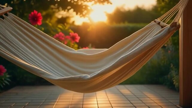 An empty cream-colored hammock hangs invitingly on a tiled patio, bathed in the warm, golden light of a beautiful sunset over a lush garden with vibrant pink flowers.
