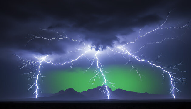 A dramatic storm with vivid lightning strikes illuminating the dark clouds and a greenish glow over the distant landscape.