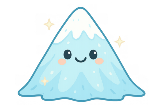 Cute smiling mountain character with snow cap and sparkling elements isolated on transparent background