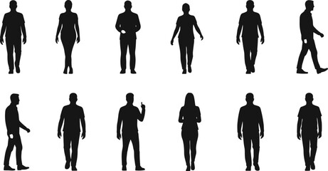Casual Adult People Silhouettes Walking and Standing, Male and Female Figures Representing Pedestrians, Everyday Life, Movement, Population, and Urban Activity Vector