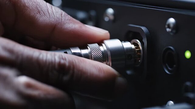 Person carefully plugging a multi pin connector into a device