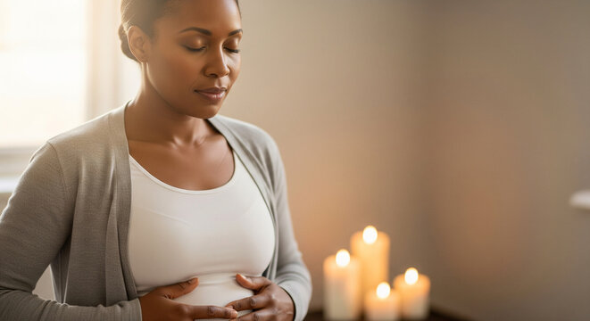 Calm African American expectant mother meditating with eyes closed, holding her pregnant belly and connecting with her baby by candlelight