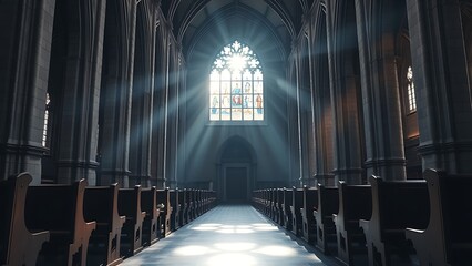 selfawareness. Vast empty cathedral interior with a sunbeam streaming through a stained glass window. event programs, museum guides, designed for cultural heritage projects and event programs.
