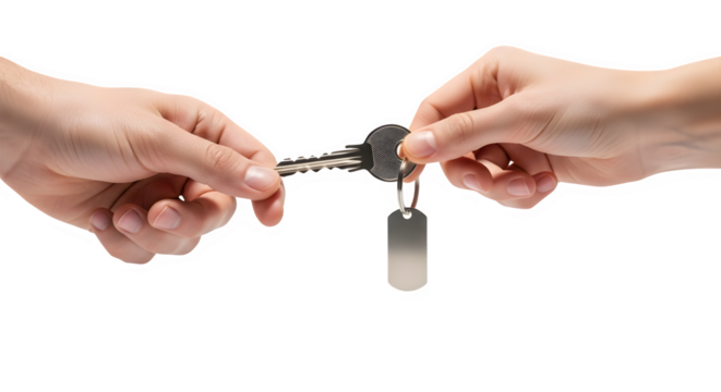 Hands exchanging a key with a blank tag against a black background in a close up studio shot