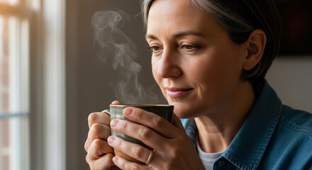 Mature woman with gray hair enjoying a peaceful moment, holding a warm mug of steaming coffee or tea by a sunlit window at home