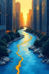 AI Generative. Stylized River of Gold and Blue Winding Through a Modern Cityscape at Sunset. 1