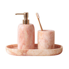 Pink marble bath set with golden pump and toothbrush