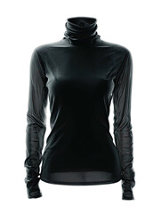 Dark, fitted turtleneck top, slightly sheer, on display