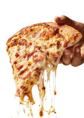 Hand holds pizza slice, cheese stretching. Black background