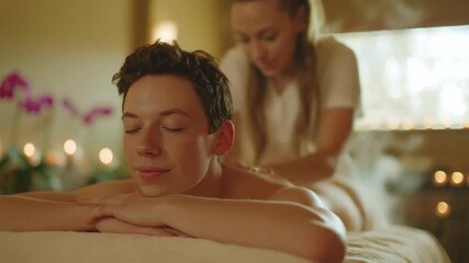 Person receiving back massage at tranquil wellness center with warm lighting and aromatherapy steam