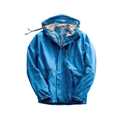 Blue hooded rain jacket on black backdrop, zipped closure