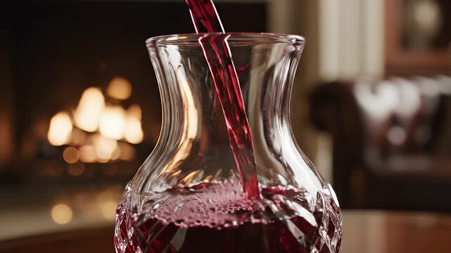 Red wine being poured into a crystal carafe by a fireplace