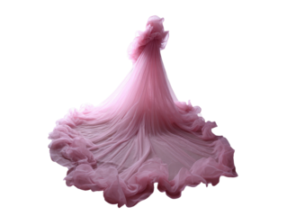 Flowing pink tulle gown, ruffled, against black background
