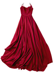 Flowing red gown with thin straps, dark backdrop