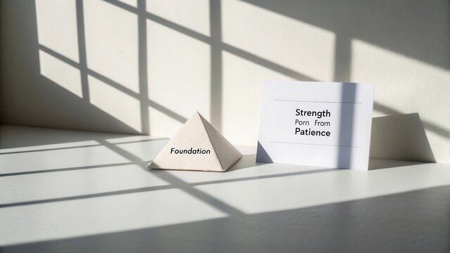 Inspirational message with geometric shapes and soft shadows in minimalistic interior setting emphasizing strength and patience