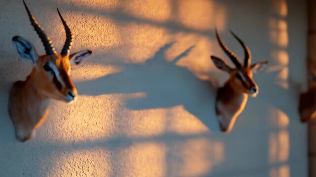 Mounted antelope heads on wall with golden sunlight and shadows