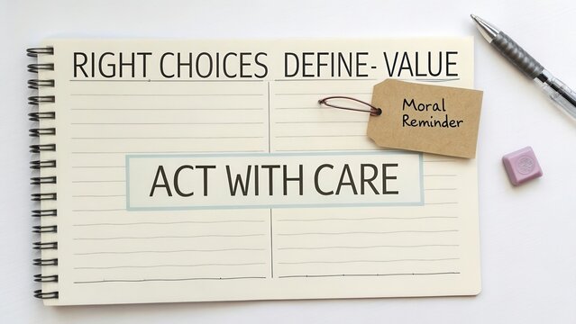 Inspirational Notebook with Affirmations About Right Choices and Moral Reminders on a Clean Desk Surface
