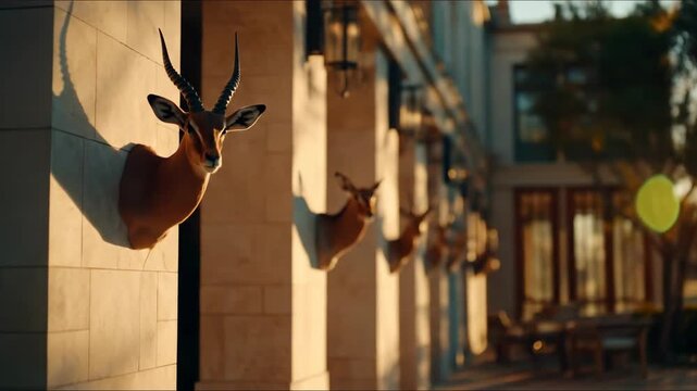 Mounted animal head display on elegant building exterior with golden sunlight